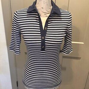 LOFT Striped Ribbed Polo Top-Navy & White Striped-SMALL-NWT